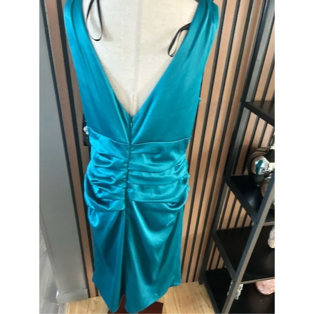 Suzi chin teal green mother of the bride wedding dress size 14 sleeveless scrunc